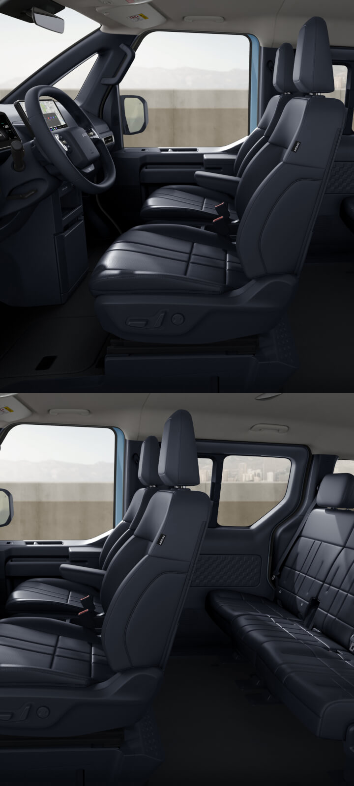 Innenansicht der Kabine des Kia PV5 Passenger mit Vorder- und Rücksitzen.